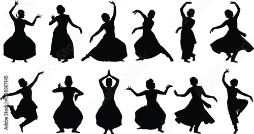 Indian classical dance silhouettes set, traditional female dancer poses vector illustration isolated on white background cultural performance collection