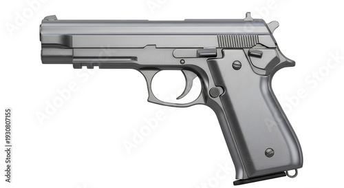 Metallic handgun with sleek design and safety catch isolated on transparent background displayed