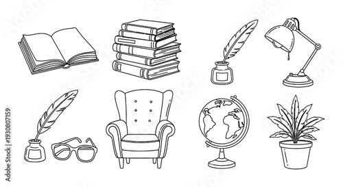 Collection of linear black and white home office and library setups