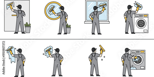 Professional janitor cleaning various surfaces with squeegee window mirror and washing machine in home maintenance vector illustration set modern flat design concept