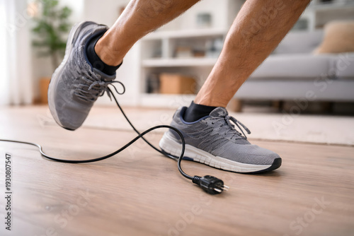 Person tripping over tangled electric cable while walking indoors, home accident hazard with loose wire on floor, safety risk concept showing footwear and legs in motion, domestic danger scene, workpl