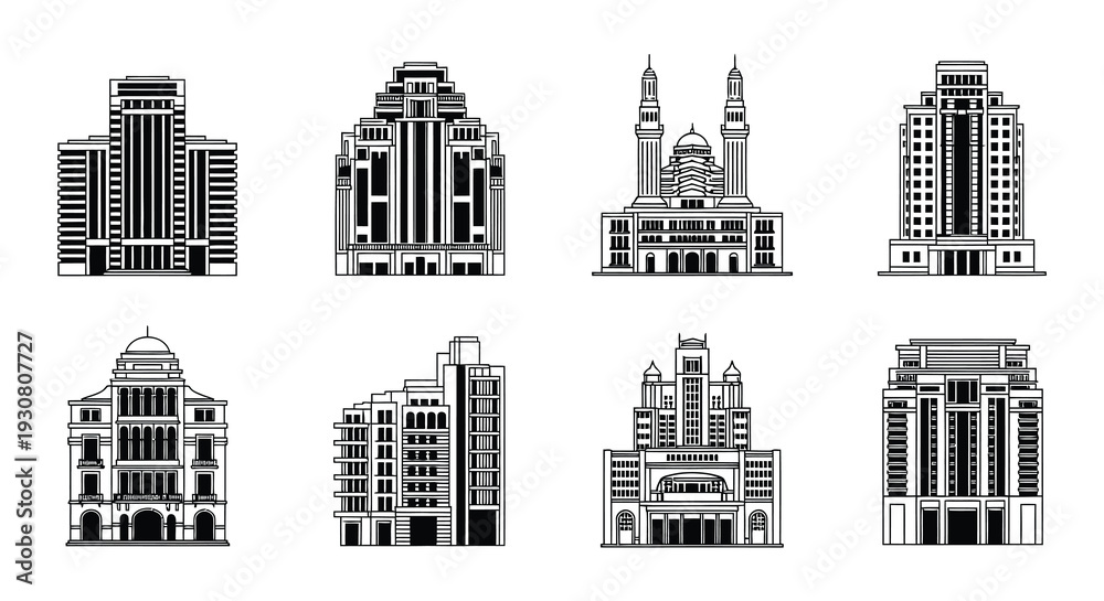 Fototapeta premium Collection of famous architectural landmarks depicted in linear style