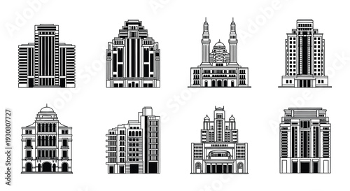 Collection of famous architectural landmarks depicted in linear style