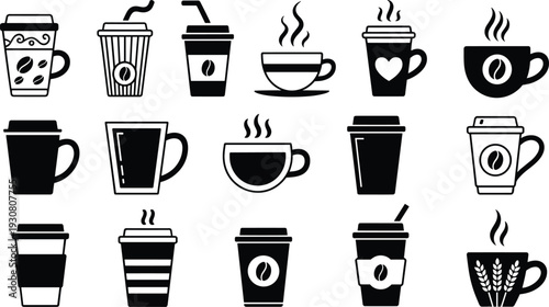 Black and white of various coffee cups and mugs with steam and