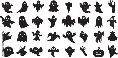 ghost, halloween, spooky, scary, silhouette, icon, symbol, character, monster, creature, boo, haunted, night, dark, autumn, celebration, design, element, graphic, illustration, simple, black, white, i