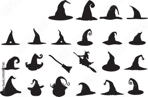 witch hat, halloween, silhouette, costume, magic, spooky, fantasy, accessory, pointed hat, conical hat, wizard hat, witch, broomstick, flying witch, cauldron, potion, dark, black, design element, icon