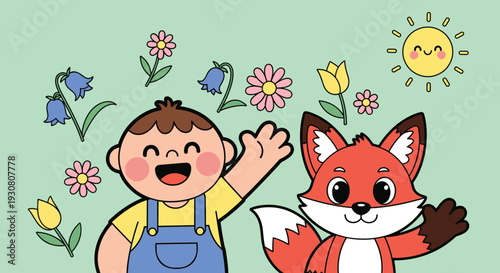 Cartoon boy and fox waving together.