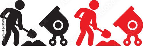 icon, vector, mixer, illustration, design, worker, cement, construction, digging, shovel, soil, dirt, symbol, silhouette, black, red, white, isolated, labor, industry, manual, work, job, excavation, g