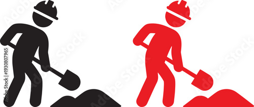 icon, vector, illustration, design, digging, worker, construction, shovel, soil, dirt, hard hat, symbol, silhouette, black, red, white, isolated, labor, industry, manual, work, job, excavation, ground