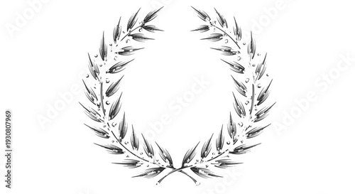 Black and white laurel wreath illustration on white background.