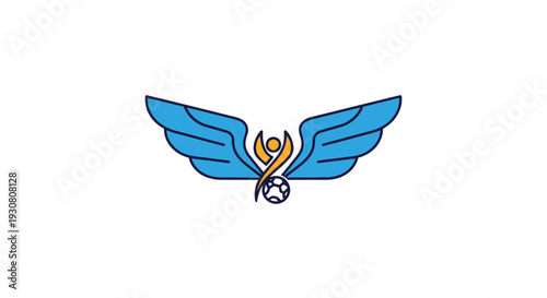 Stylized blue wings with flame and soccer ball emblem design.