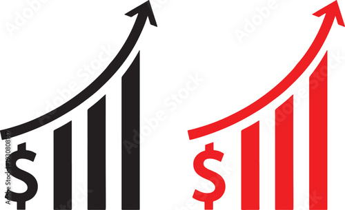 finance, growth, chart, graph, up, arrow, success, profit, increase, positive, trend, business, economy, financial, data, statistics, investment, money, dollar, currency, black, red, vector, icon, ill
