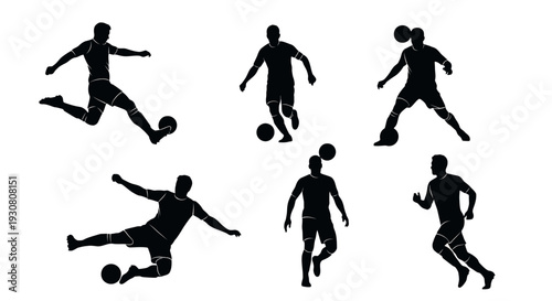 Silhouettes of soccer players in various dynamic poses.