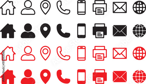 contact, information, icon, set, collection, graphic, design, element, home, house, person, user, profile, location, pin, map, phone, call, mobile, smartphone, printer, email, envelope, globe, world, 