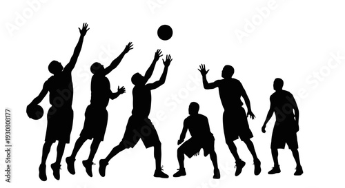 Silhouettes of basketball players in various dynamic poses.