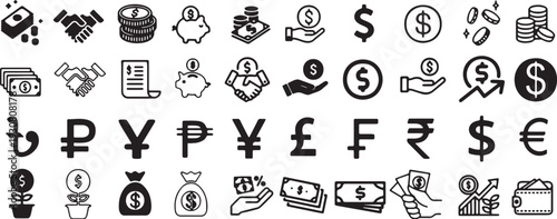finance, money, currency, icon, symbol, dollar, euro, pound, yen, rupee, taka, ruble, piggy bank, coins, cash, banknotes, wallet, growth, investment, savings, banking, handshake, contract, business, t