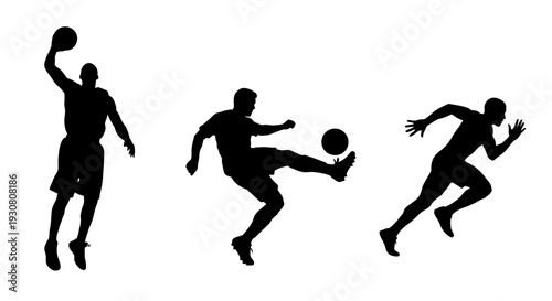 Silhouettes of men playing soccer and basketball in dynamic poses.