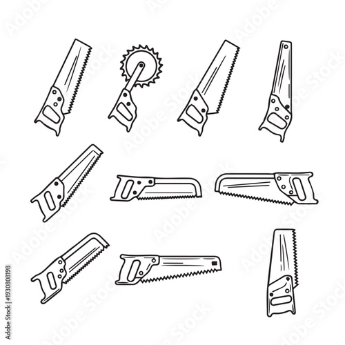 Collection of Hand Saws and Circular Saw Blade Outline Icons on White Background