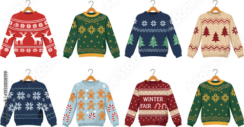 Ugly christmas sweater collection with festive winter patterns reindeer snowflakes trees and holiday knitted vector set