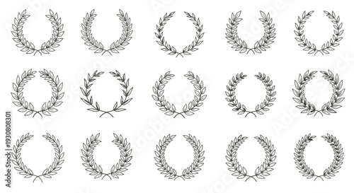 Collection of elegant black and white laurel wreaths for design and decoration.