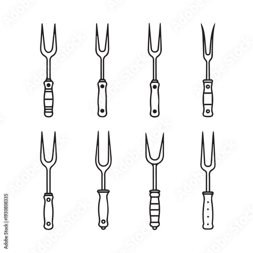 Collection of Meat Forks and Carving Forks in Outline Style Kitchen Utensils