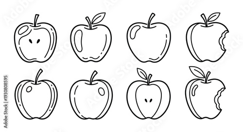 Line art illustration of various apples in different states