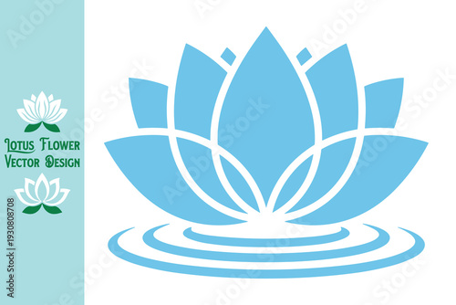 Blue water lily. Large light blue lotus flower silhouette with water ripples. Zen floral symbol for calming meditation, spa therapy, and wellness identity. Modern icon. Vector illustration