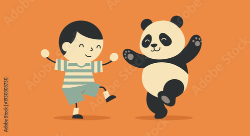 Cartoon Boy and Panda Dancing Together.