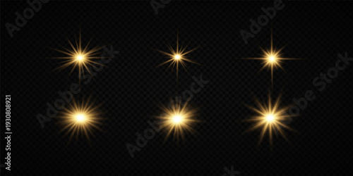 Glowing Golden Star Light Effect with Sparkle Rays and Lens Flare Illumination on Transparent Background