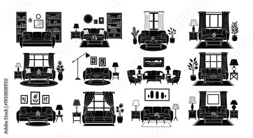 Stylized black and white illustrations of various living room interiors