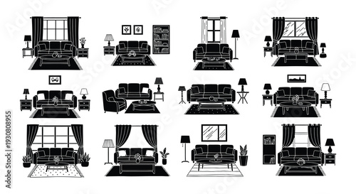 Stylized black and white illustrations of various living room interiors