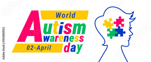 World Autism Awareness Day Background, banner or poster design template. Celebrated on April 2. White Graphic with Modern Multi-Color Typography and a Human Profile Silhouette Containing Jigsaw Puzzle