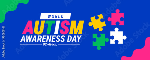 World Autism Awareness Day Background, banner or poster design template. Celebrated on April 2. Navy Blue Graphic with Bold Typography, Wavy Corner Accents, and Four Vibrant, Multi-Color Jigsaw Puzzle