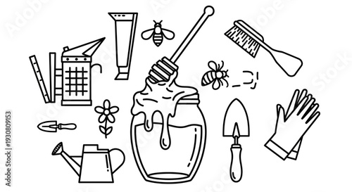 Beekeeping and Gardening Tools with Honey Jar and Bees Line Art, Isolated White Background