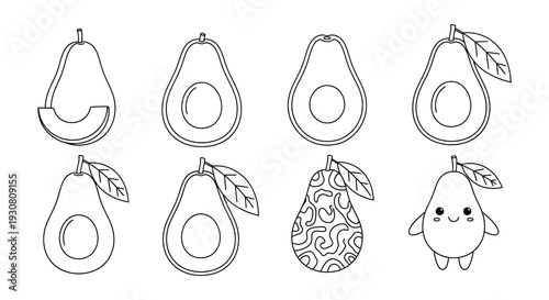 Collection of stylized avocado illustrations in black and white tones