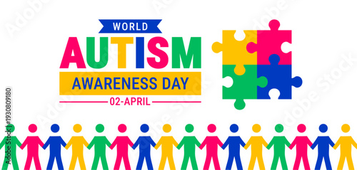 World Autism Awareness Day Background, banner or poster design template. Celebrated on April 2. White Graphic with a Multi-Color Puzzle Square and a Diverse Paper Chain of Human Figures Representing