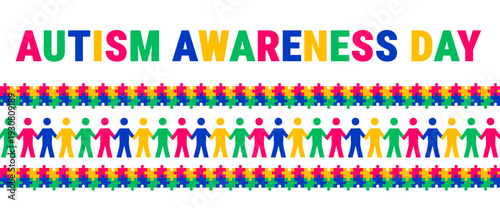 World Autism Awareness Day Background, banner or poster design template. Celebrated on April 2. White Graphic with a Multi-Color Puzzle Square and a Diverse Paper Chain of Human Figures Representing