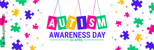 World Autism Awareness Day Background, banner or poster design template. Celebrated on April 2. White Graphic with Hanging Autism Letter Tiles and Scattered Multi-Colored Puzzle Pieces