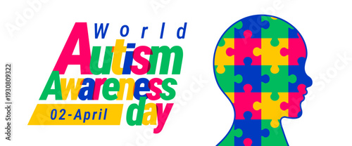 World Autism Awareness Day Background, banner or poster design template. Celebrated on April 2. White Graphic with Vibrant Multi-Color Typography and a Human Head Silhouette Completely Filled