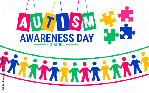 World Autism Awareness Day Background, banner or poster design template. Celebrated on April 2. Vibrant Graphic of Multi-Color Human Figures Holding Hands and Hanging Letter Tiles to Symbolize