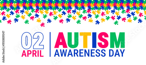 World Autism Awareness Day Background, banner or poster design template. Celebrated on April 2. White Graphic with a Multi-Color Puzzle Piece Top Border, Falling Pieces to Celebrate Neurodiversity