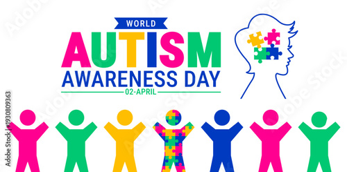 World Autism Awareness Day April 02 Banner, poster or background design. Multi-Color Human Figures with Puzzle Piece Accents and a Profile Silhouette to Represent Diversity, Inclusion, and Global