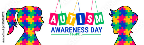 World Autism Awareness Day April 02 Banner, background or poster design. Colorful Puzzle Piece Silhouettes of a Girl and Boy with Hanging Autism Letter Tiles to Celebrate Neurodiversity.