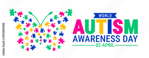World Autism Awareness Day April 02 Banner, background or poster design. Colorful Butterfly Silhouette Formed by Vibrant Puzzle Pieces to Symbolize Neurodiversity, Transformation.