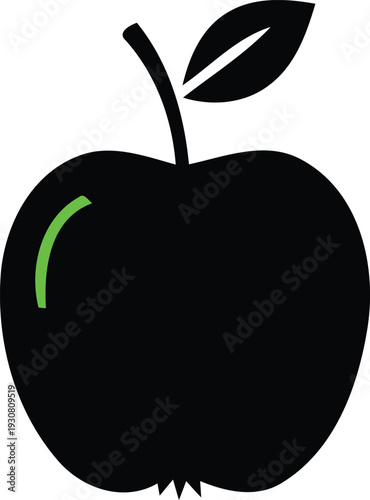 Simple illustration of a black apple with green highlight and leaf on stem  fruit icon