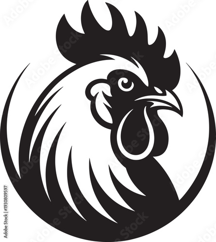 Bold Black and White Vector Silhouette of a Rooster's Head in a Circle