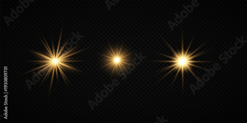Glowing Golden Star Light Effect with Sparkle Rays and Lens Flare Illumination on Transparent Background