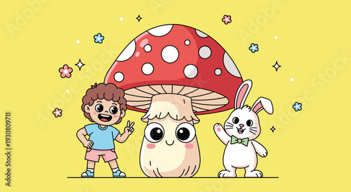 Cartoon Mushroom Character with Friends Illustration.