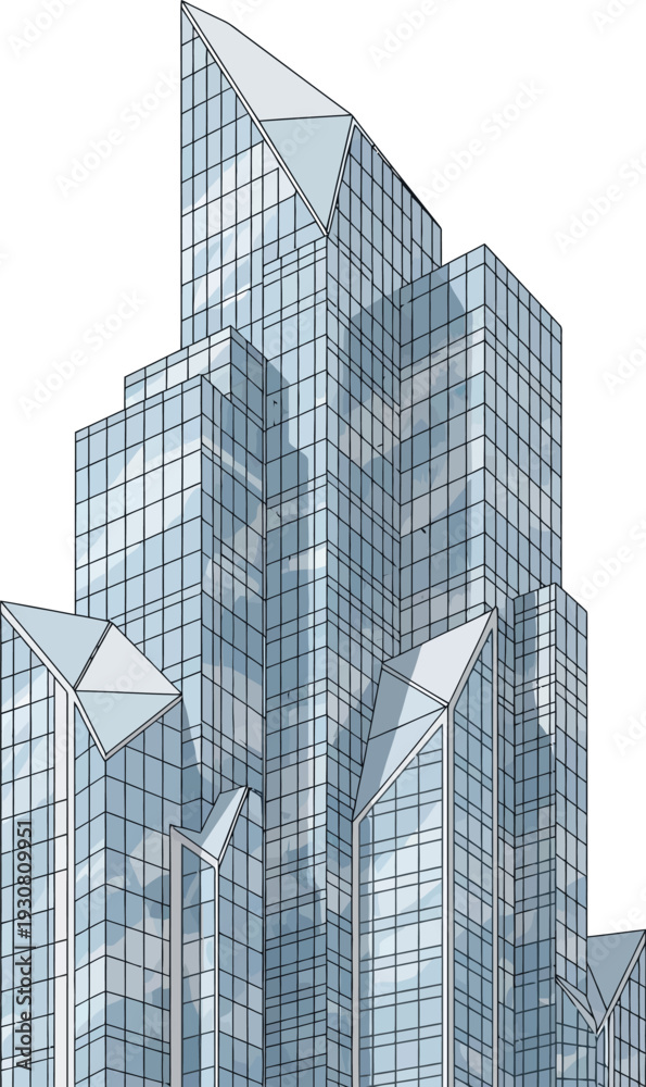 Fototapeta premium Modern glass skyscraper with geometric angular facade and multifaceted design showcasing contemporary architectural style and urban development against a clean white background