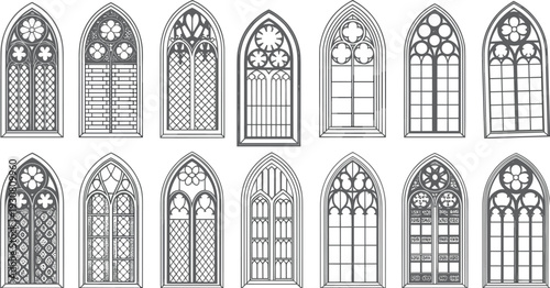 Gothic architectural stained glass windows with intricate and patterns
